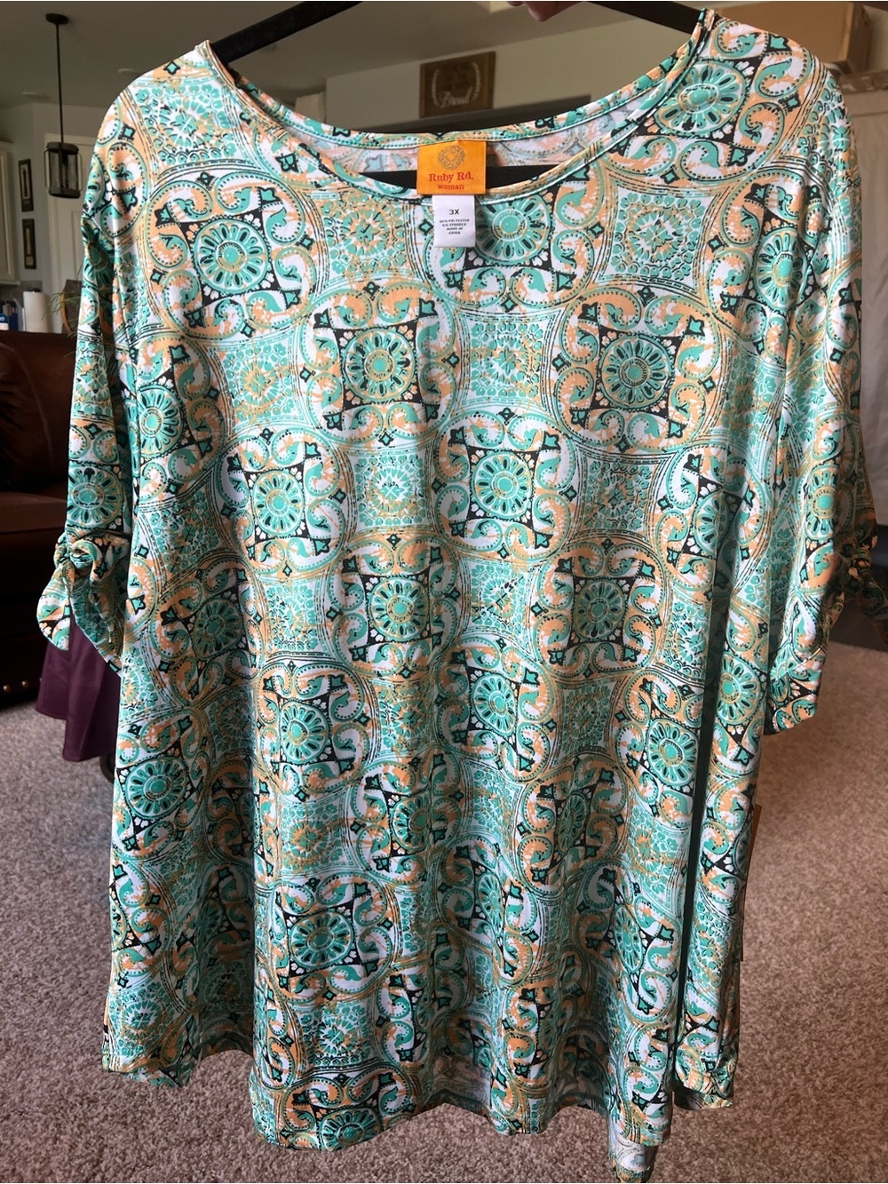 Ruby Rd. Turquoise & Peach Patterned Short Sleeve Tee